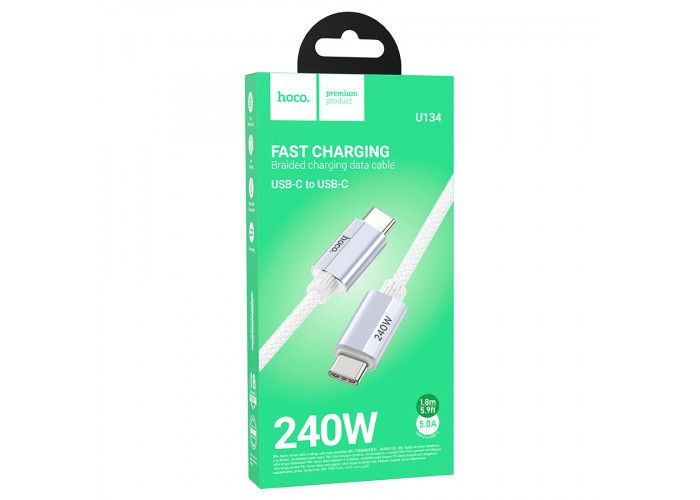 Кабель Hoco U134 USB-C/USB-C 240W (1,8 м), серый цвет