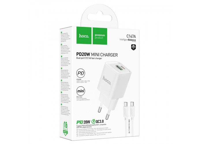 Сетевое зарядное устройство с кабелем USB-C/USB-C Hoco C147A USB-C PD 20W + USB-A QC3.0