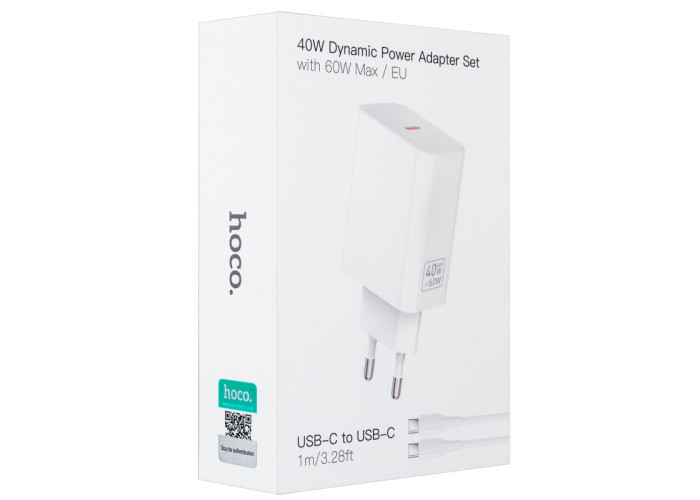 Сетевое зарядное устройство с кабелем USB-C/USB-C Hoco C162A 40W Dynamic Power Adapter Set with 60W Max, белый цвет