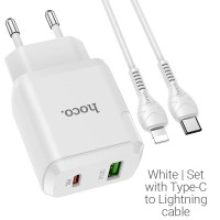 Сетевое зарядное устройство с кабелем USB-C/Lightning Hoco N5 USB-C PD 20W + USB-A QC3.0, белый цвет