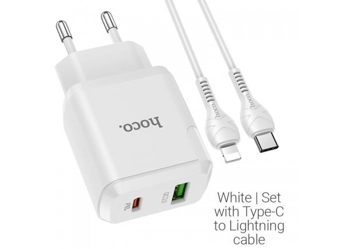 Сетевое зарядное устройство с кабелем USB-C/Lightning Hoco N5 USB-C PD 20W + USB-A QC3.0, белый цвет