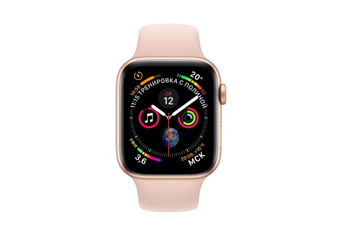 Apple Watch Series 4, 44 мм, корпус из алюминия золотого цвета, спортивный ремешок цвета «розовый песок»
