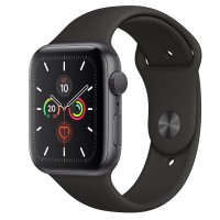 Apple Watch Series 5, 44 мм, корпус из алюминия цвета «серый космос», спортивный ремешок чёрного цвета