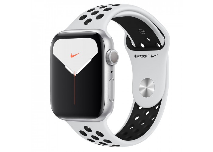 Apple Watch Nike Series 5, 44 мм, корпус из алюминия серебристого цвета, спортивный ремешок Nike цвета «чистая платина/чёрный»