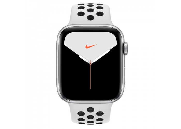 Apple Watch Nike Series 5, 44 мм, корпус из алюминия серебристого цвета, спортивный ремешок Nike цвета «чистая платина/чёрный»