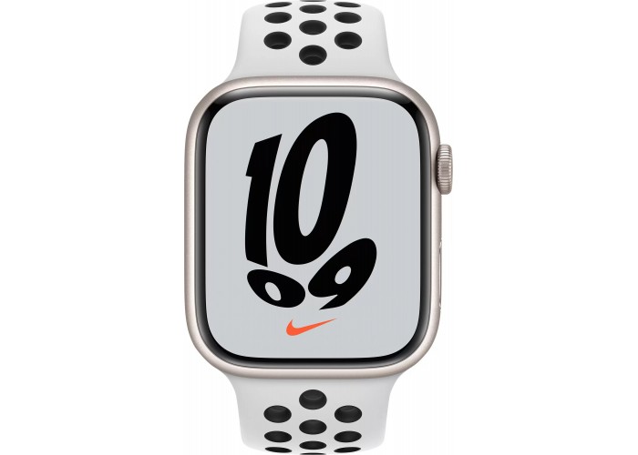 Apple Watch Nike Series 7, 45 мм, корпус из алюминия цвета «сияющая звезда», спортивный ремешок Nike цвета «чистая платина/чёрный»