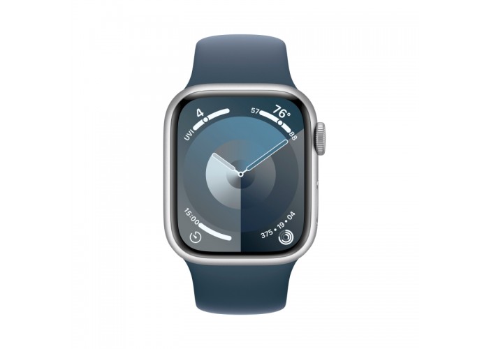 Apple Watch Series 9 GPS, 45 мм, корпус из алюминия серебристого цвета, спортивный ремешок цвета «грозовой синий»