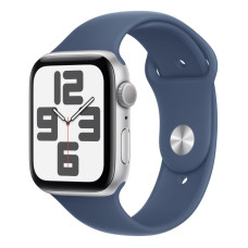 Apple Watch SE (2024), 44 мм, корпус из алюминия серебристого цвета, спортивный ремешок цвета «деним»