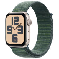 Apple Watch SE (2024), 44 мм, корпус из алюминия цвета «сияющая звезда», спортивный браслет зелёного цвета