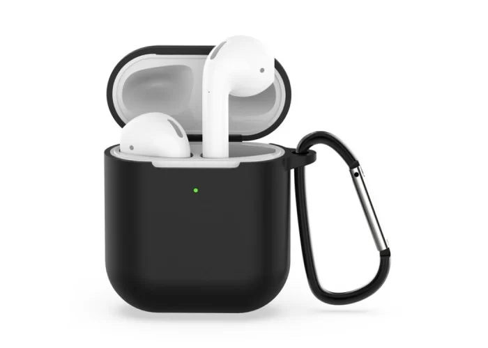 Чехол силиконовый с карабином для AirPods 1/2, чёрный цвет
