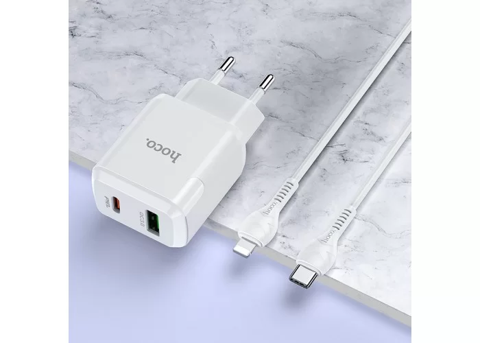 Сетевое зарядное устройство с кабелем USB-C/Lightning Hoco N5 USB-C PD 20W + USB-A QC3.0, белый цвет